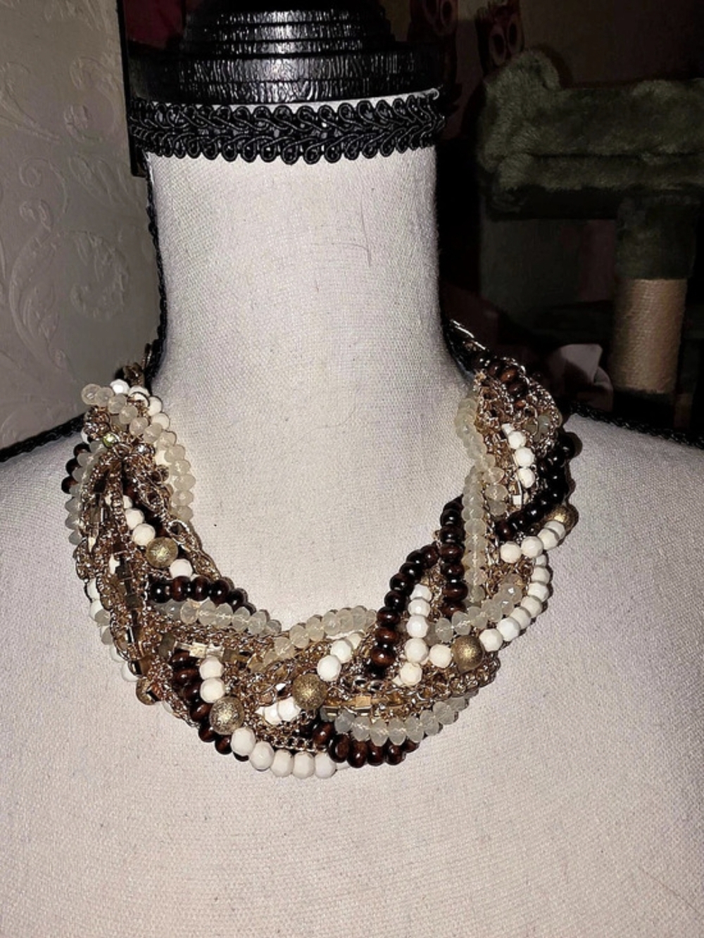 Layered Beaded Statement Necklace in Brown & White Like New